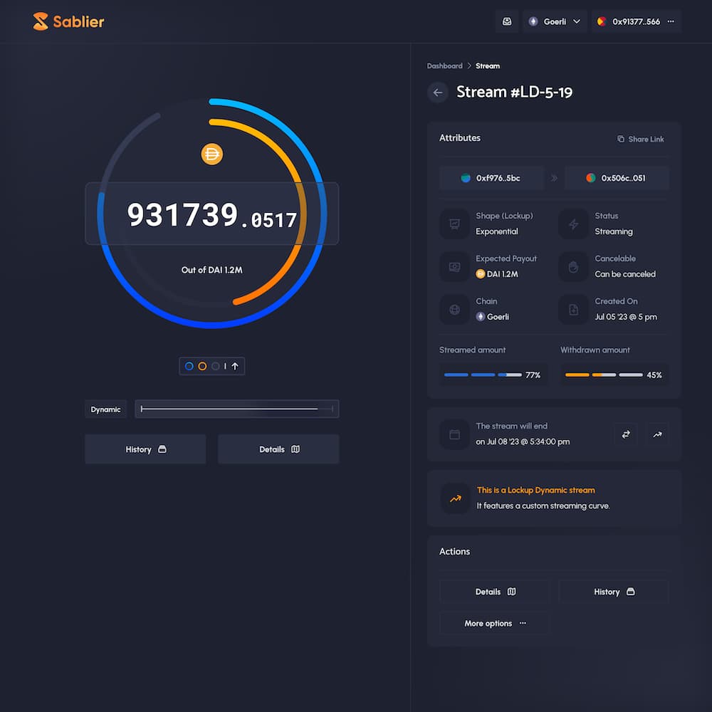 Sablier interface showing token stream management